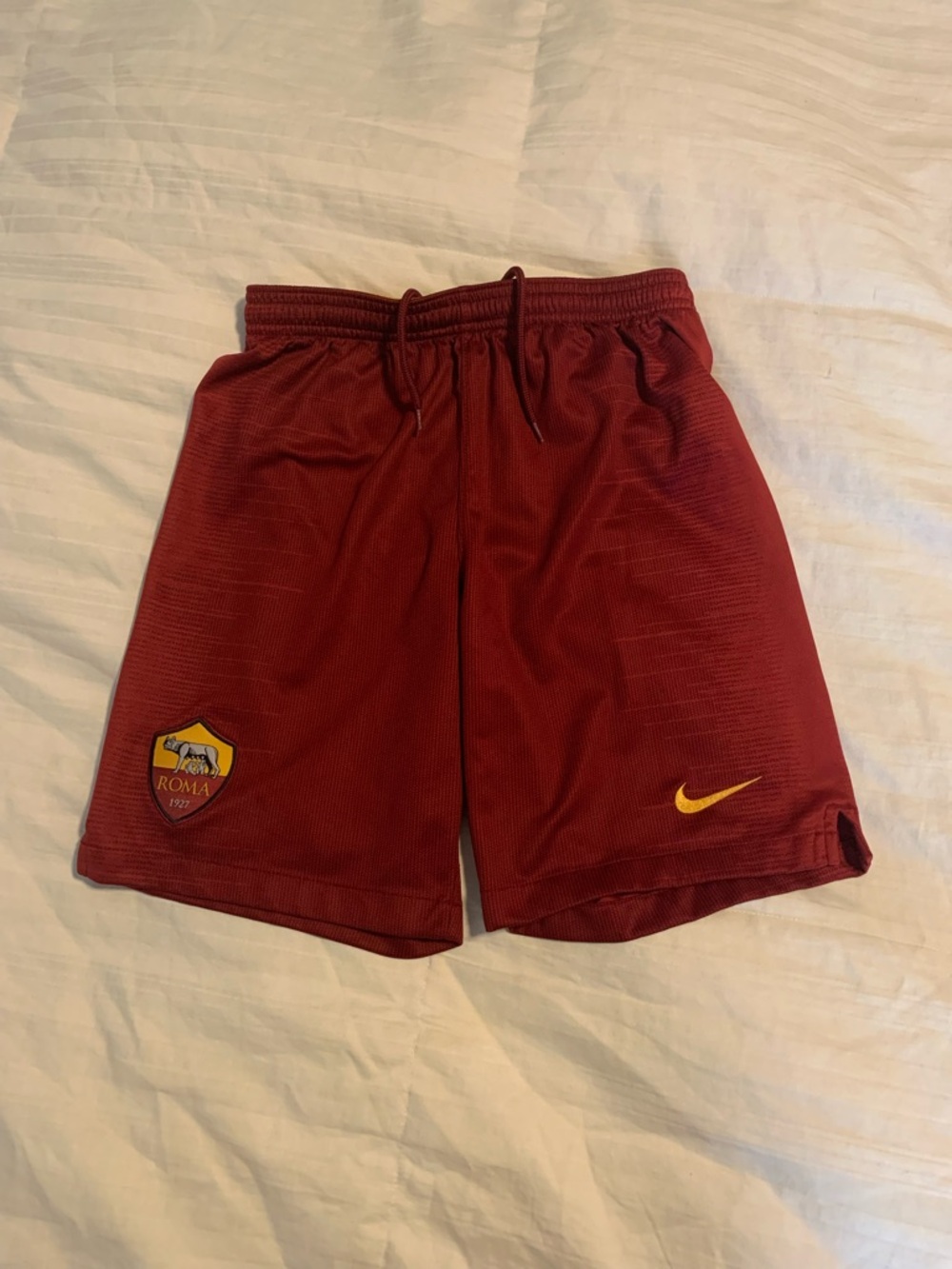 AS Roma Nike Kids Maroon Soccer Shorts with Yellow Accents, Series A soccer